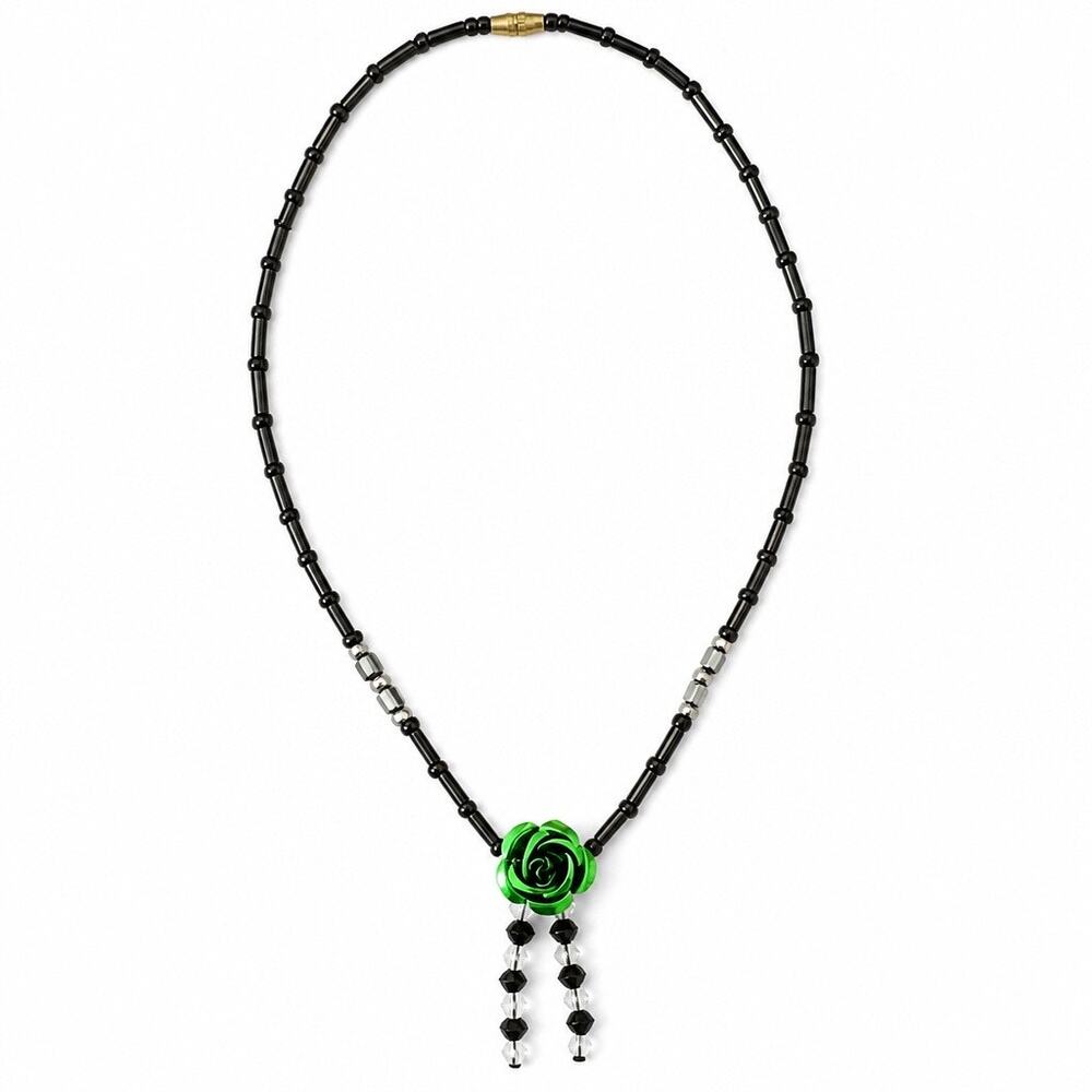 Y2K Black Beaded Choker Necklace with Metallic Green Rose Pendant